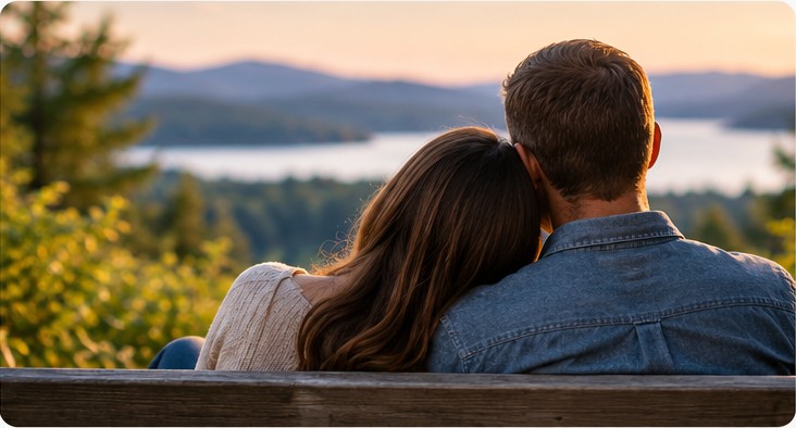A couple sitting together overlooking a lake