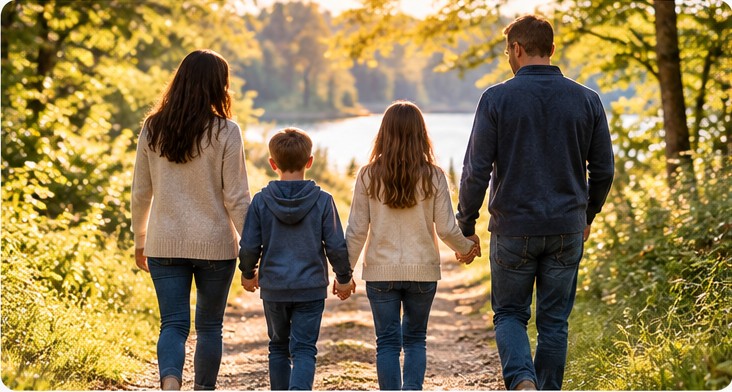 A family walking together on a peaceful trail