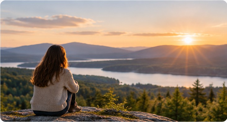 A person quietly overlooking a New England lake at sunset