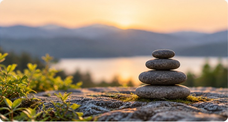 Balanced stones beside a quiet mountain lake